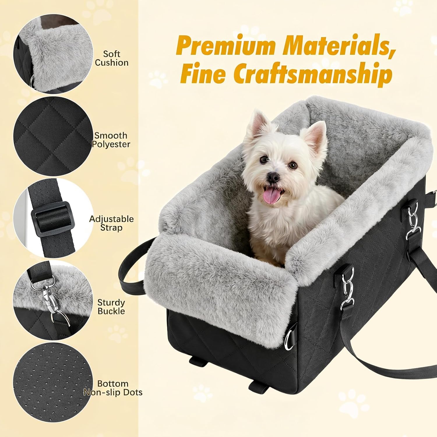 Dog Car Seats for Small Dogs,Center Console Dog Car Seat with Non-Slip and Strong Support,Anti-Collapse Portable Pet Bed for Puppies with Soft Cushion Safety Belt, Small Dogs, Cats Under 12 LBS, Black - Image 3