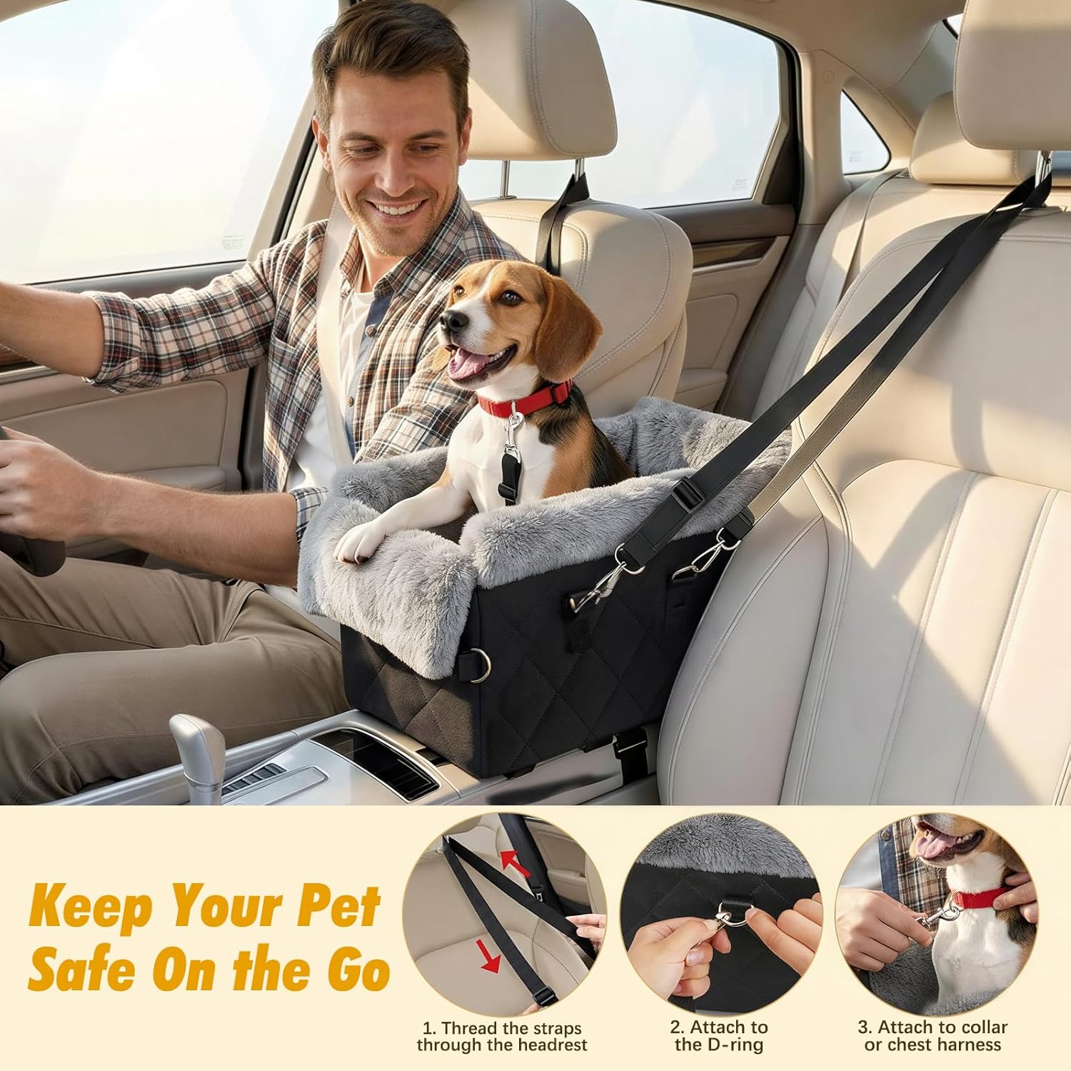 Dog Car Seats for Small Dogs,Center Console Dog Car Seat with Non-Slip and Strong Support,Anti-Collapse Portable Pet Bed for Puppies with Soft Cushion Safety Belt, Small Dogs, Cats Under 12 LBS, Black - Image 5