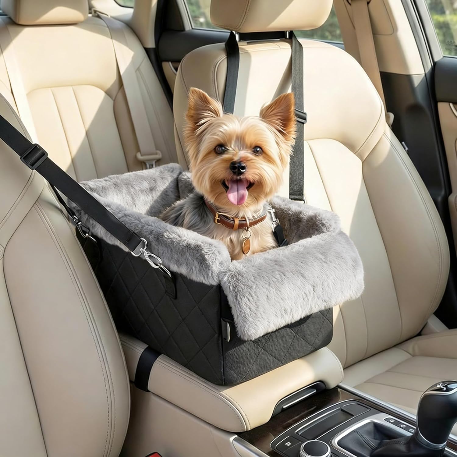 Dog Car Seats for Small Dogs,Center Console Dog Car Seat with Non-Slip and Strong Support,Anti-Collapse Portable Pet Bed for Puppies with Soft Cushion Safety Belt, Small Dogs, Cats Under 12 LBS, Black