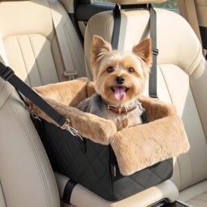 Dog Car Seats for Small Dogs,Center Console Dog Car Seat with Non-Slip and Strong Support,Anti-Collapse Portable Pet Bed for Puppies with Soft Cushion Safety Belt, Small Dogs, Cats Under 12 LBS, Brown
