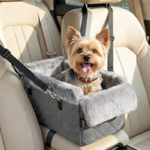 Dog Car Seats for Small Dogs,Center Console Dog Car Seat with Non-Slip and Strong Support,Anti-Collapse Portable Pet Bed for Puppies with Soft Cushion Safety Belt, Small Dogs, Cats Under 12 LBS, Gray