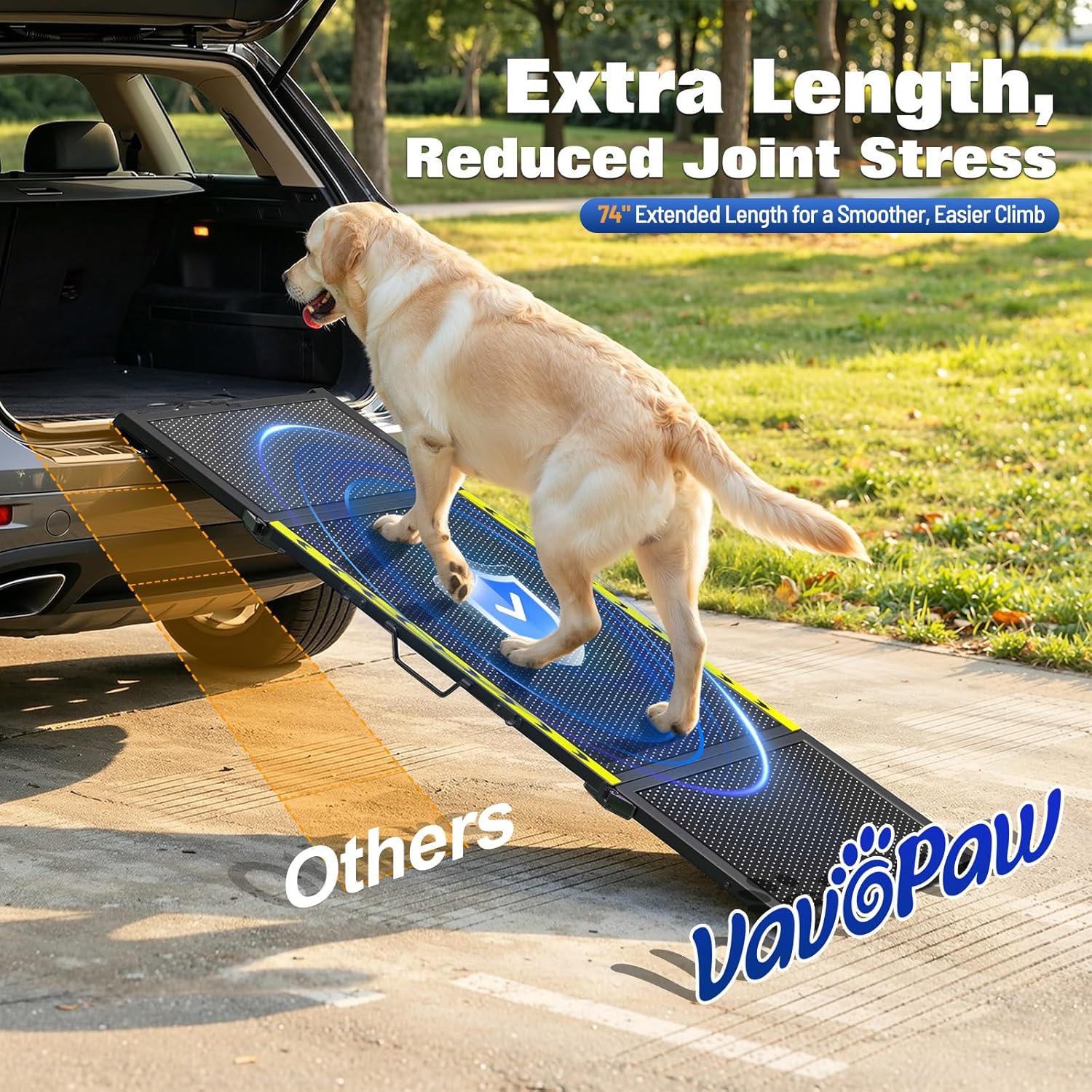 74" L x 20" W Extra Long Dog Ramp for Car - Wider Portable Pet Ramp for Large Dogs, Foldable Dog Car Ramps for Truck, SUV, RV & Bed, Outdoor Dogs Ramps with Non-Slip Mesh Supports Up to 250LBS, Black - Image 2