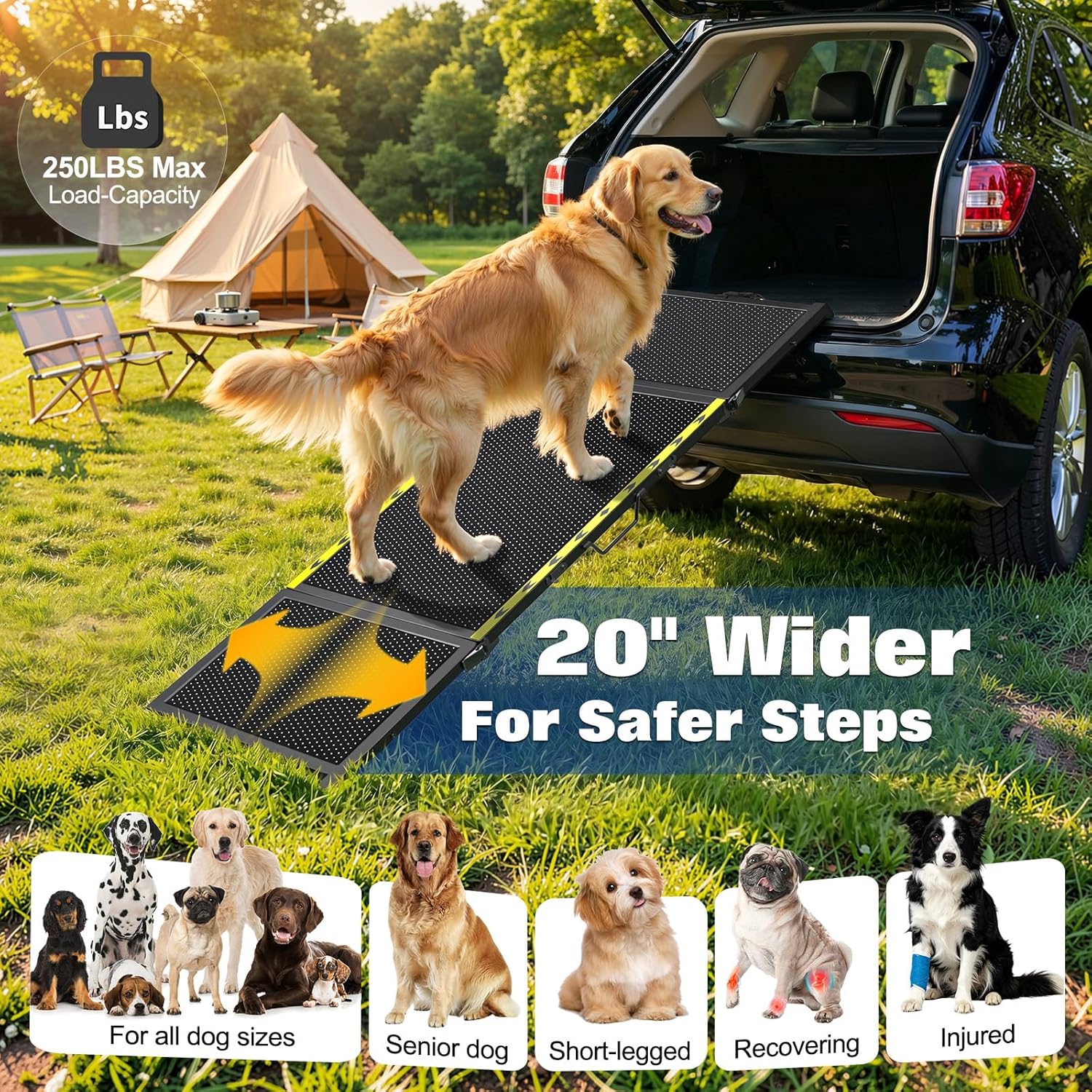 74" L x 20" W Extra Long Dog Ramp for Car - Wider Portable Pet Ramp for Large Dogs, Foldable Dog Car Ramps for Truck, SUV, RV & Bed, Outdoor Dogs Ramps with Non-Slip Mesh Supports Up to 250LBS, Black - Image 3