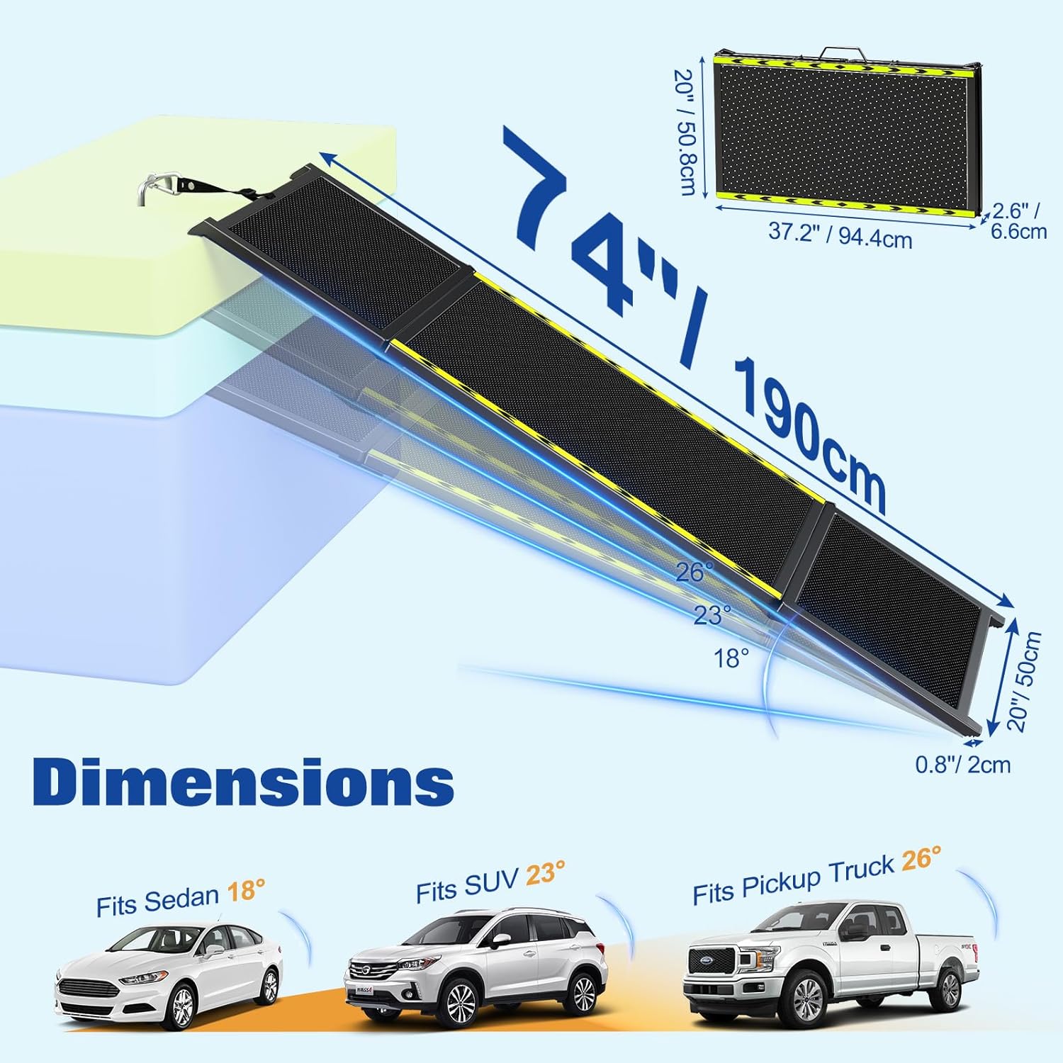 74" L x 20" W Extra Long Dog Ramp for Car - Wider Portable Pet Ramp for Large Dogs, Foldable Dog Car Ramps for Truck, SUV, RV & Bed, Outdoor Dogs Ramps with Non-Slip Mesh Supports Up to 250LBS, Black - Image 5