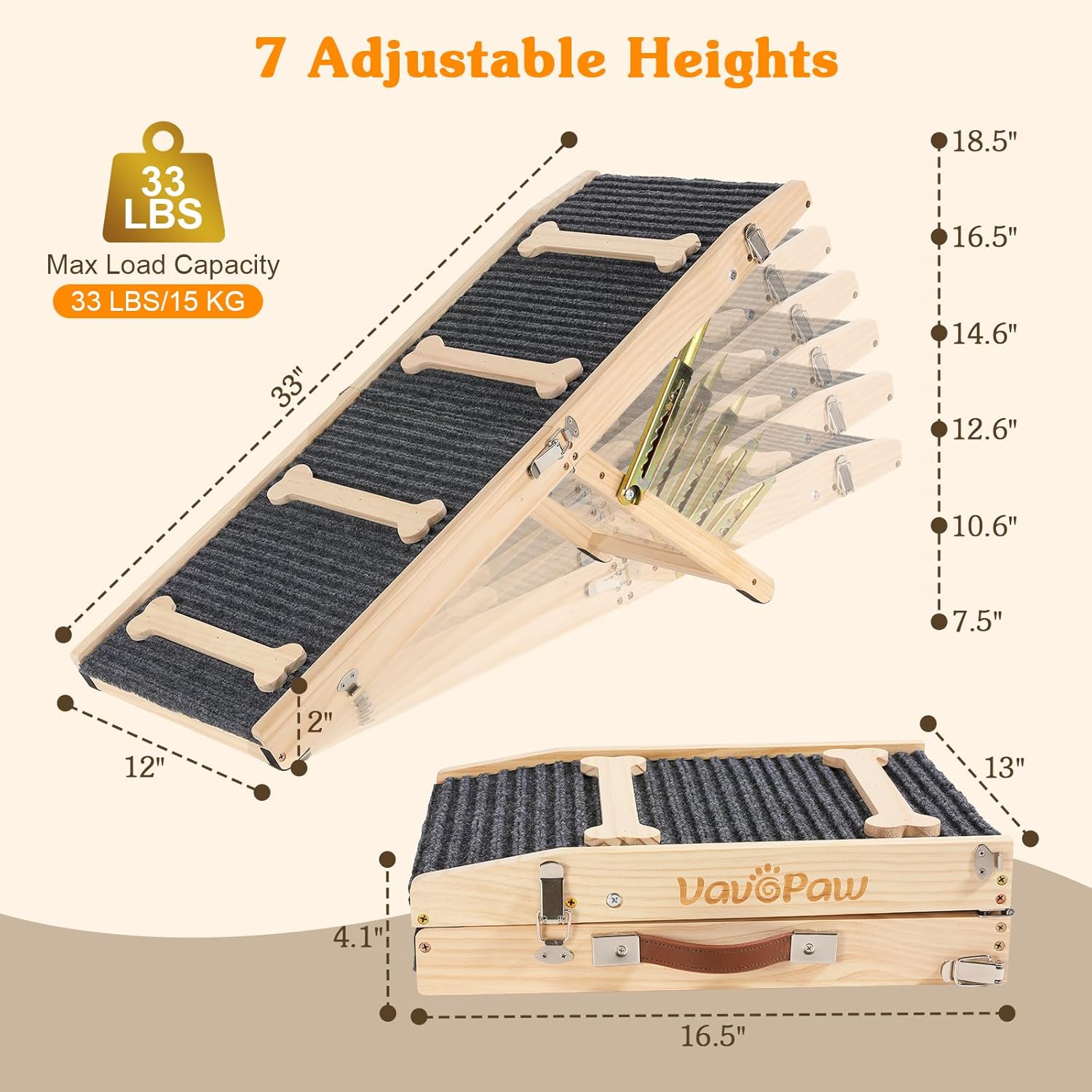 VavoPaw Upgraded Dog Ramp for Couch, Foldable Dog Ramps for Small Dogs, 7 Adjustable Height from 2.4"-18.5", Portable Pet Steps with Non-Slip Pad, Pet Ramp for Couch Sofa Stairs - Image 4