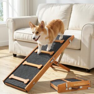 VavoPaw Upgraded Dog Ramp for Couch, Foldable Dog Ramp for Small Dogs, 7 Adjustable Height from 3.9"-18.9" with Non-Slip Pad, Portable Pet Ramp for Sofa Couch Stairs, Walnut