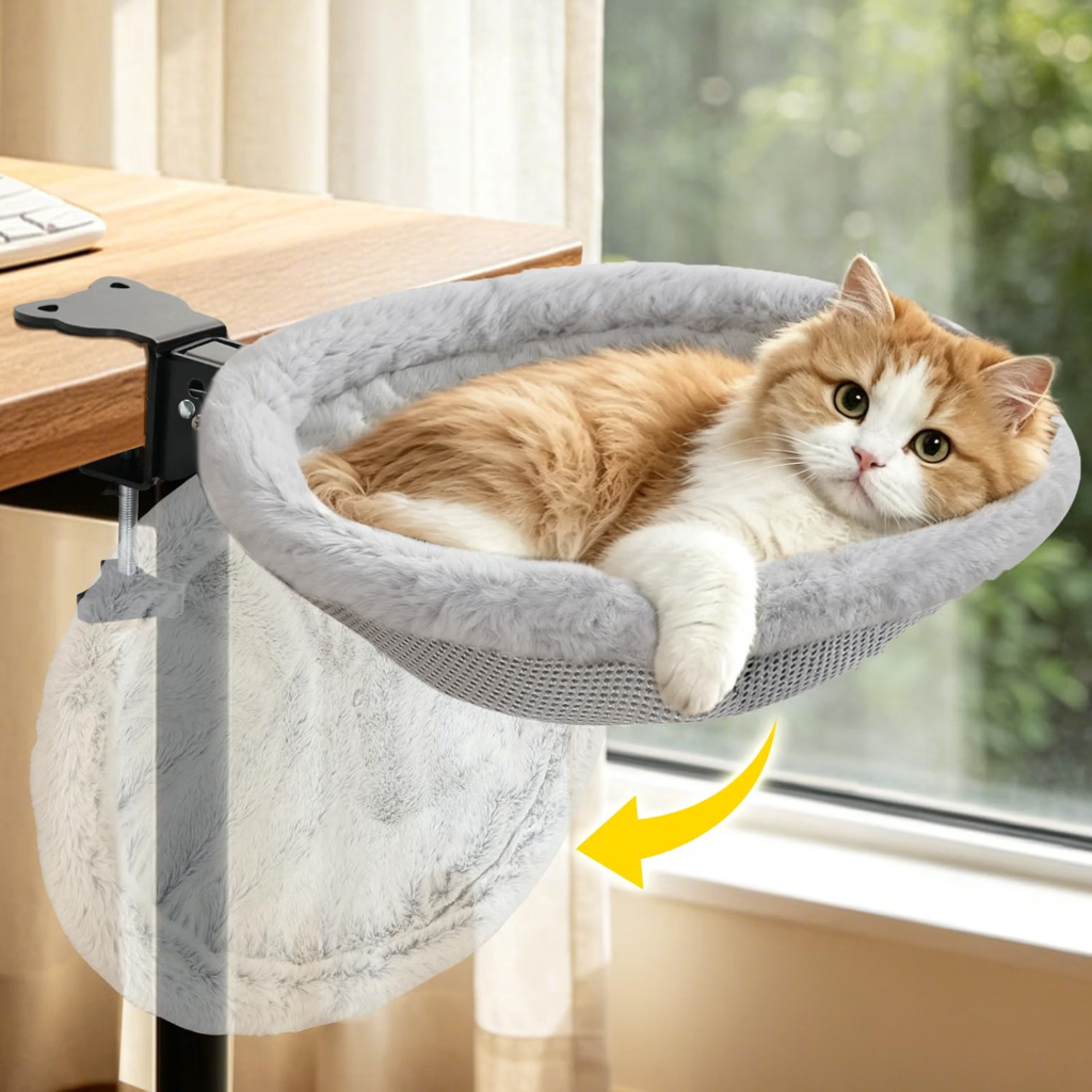 VavoPaw Cat Desk Bed, One-Click Foldable Cat Bed for Desk Hammock Up to 40 Lbs-Reversible & Washable, Sunken Cat Desk Hammock with Soft Plush, Heavy-Duty, Hanging Cat Bed with Steel Clamp for Desktops