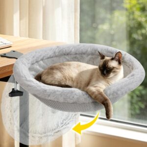 VavoPaw Cat Desk Bed,Cat Desk Hammock with One-Click Foldable Clip-On,Gray | Reversible Double-Sided Mat&No-Drill Sturdy Metal Cats Perch,Supports 40 lbs,Space-Saving Cats Furniture for Home Office Game