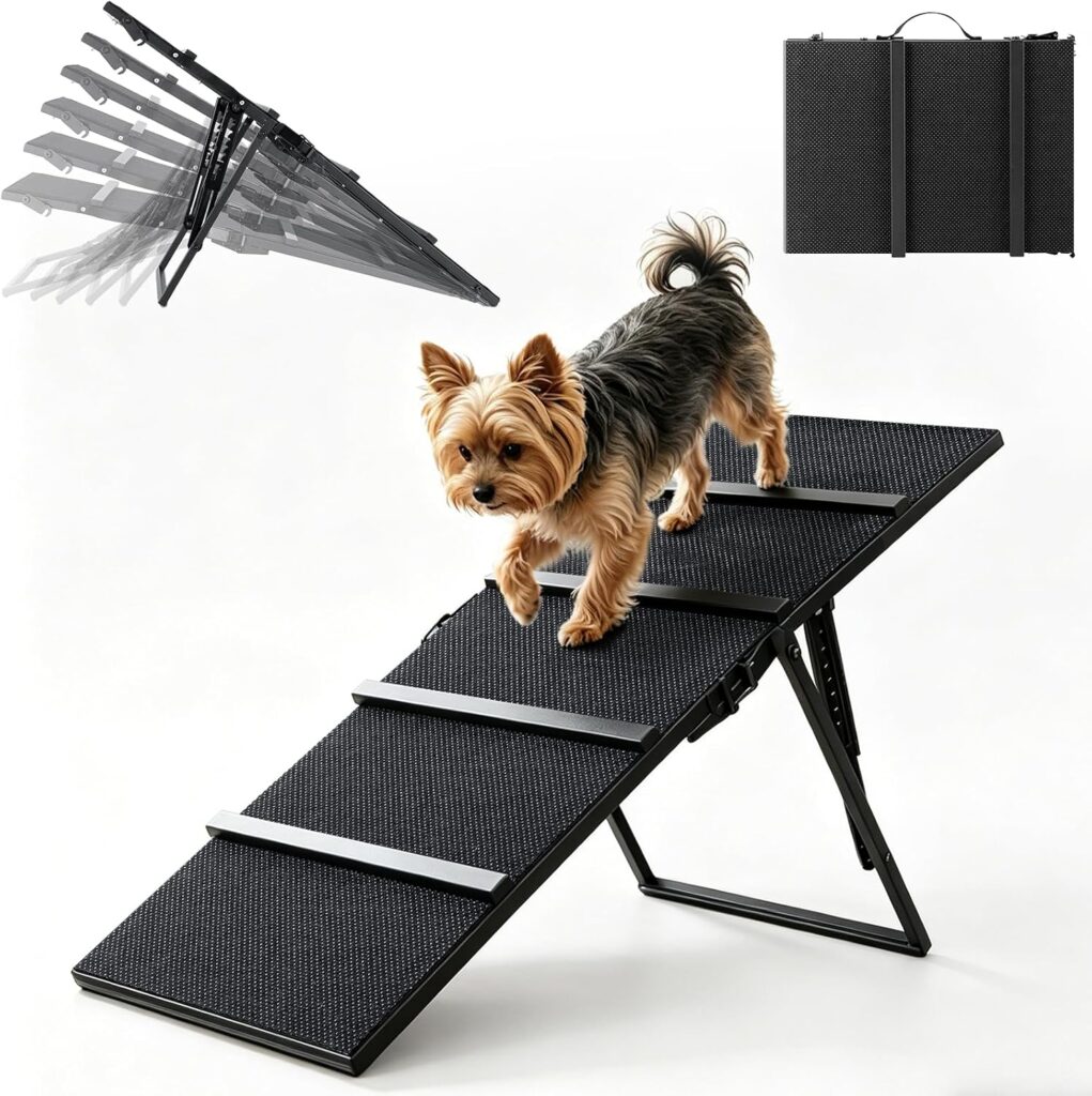 VavoPaw Metal Dog Ramp for Couch, Foldable Pet Ramp for Small Dogs 100 LBS-Upgraded & Stable, Adjustable Height 7.5"-19.7", Non-Slip Pad, Portable Pet Ramps for Sofa Couch Stairs, No Assembly