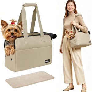 VavoPaw Dog Purse Carrier for Small Dogs, 15" x 11" x 7.9" Pet Travel Carrier with Breathable Mesh, Safety Hooks, Support Pad, and Multi Spacious Pockets, Soft Puppy Carrier for Cats Rabbits, Khaki