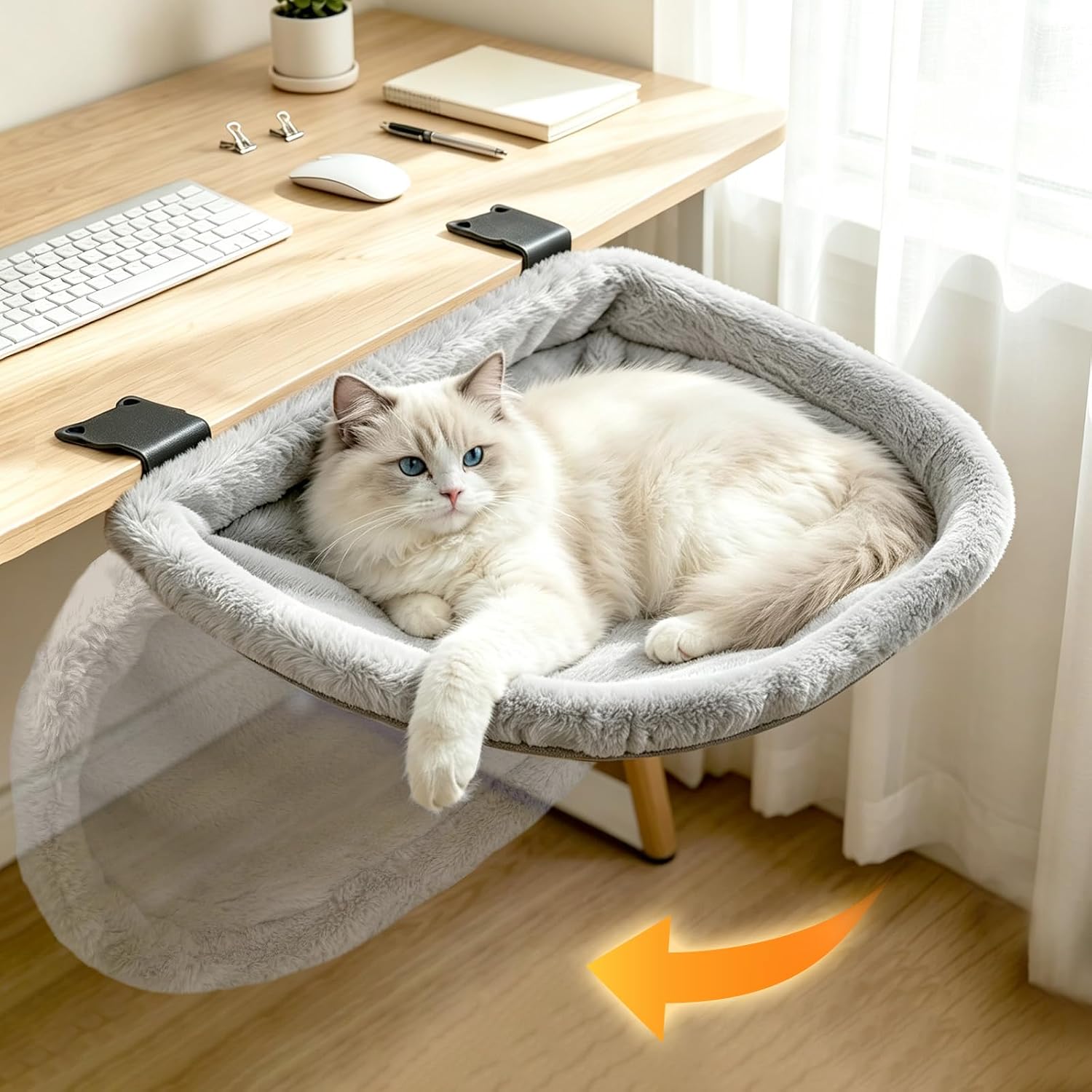 Cat Desk Bed, Easy-Fold Semi-Circular Cat Hammock for Desk-Sunken Cat Hammock with Washable Plush Cover, Supports 40 lbs, Space-Saving Cat Furniture for Home Office