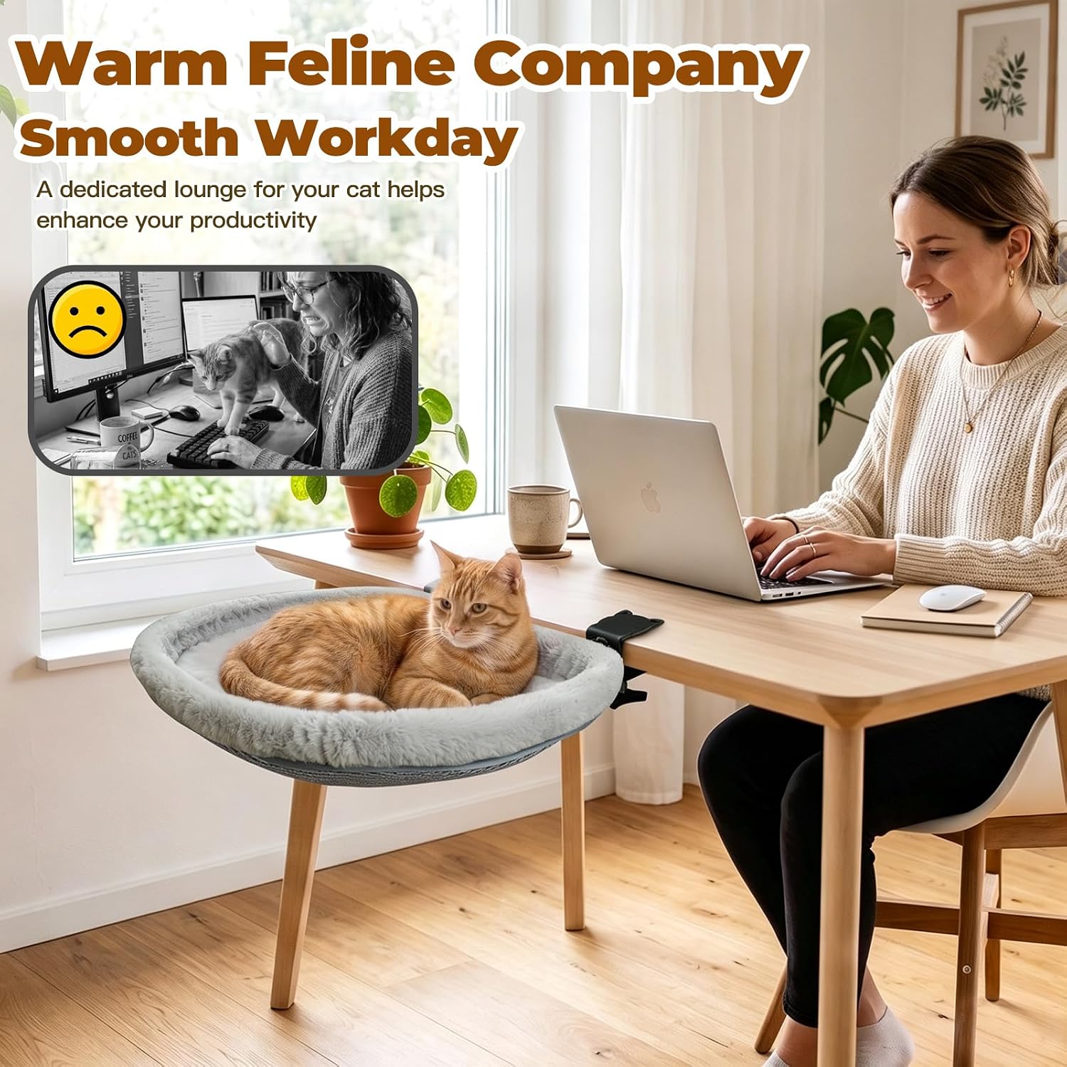Cat Desk Bed, Easy-Fold Semi-Circular Cat Hammock for Desk-Sunken Cat Hammock with Washable Plush Cover, Supports 40 lbs, Space-Saving Cat Furniture for Home Office - Image 3