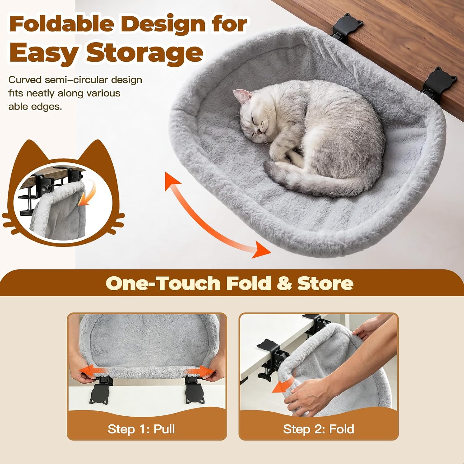 Cat Desk Bed, Easy-Fold Semi-Circular Cat Hammock for Desk-Sunken Cat Hammock with Washable Plush Cover, Supports 40 lbs, Space-Saving Cat Furniture for Home Office - Image 4