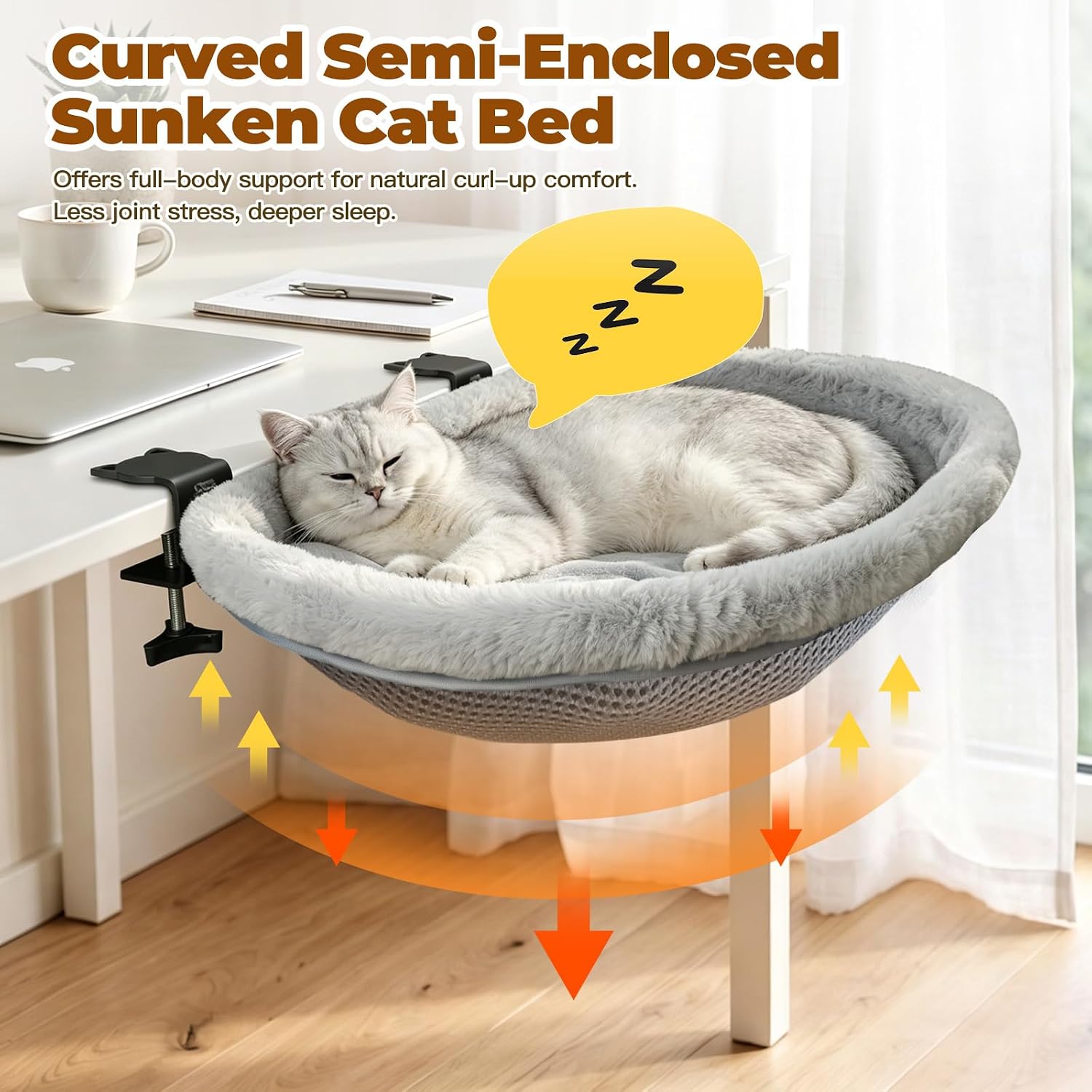 Cat Desk Bed, Easy-Fold Semi-Circular Cat Hammock for Desk-Sunken Cat Hammock with Washable Plush Cover, Supports 40 lbs, Space-Saving Cat Furniture for Home Office - Image 5